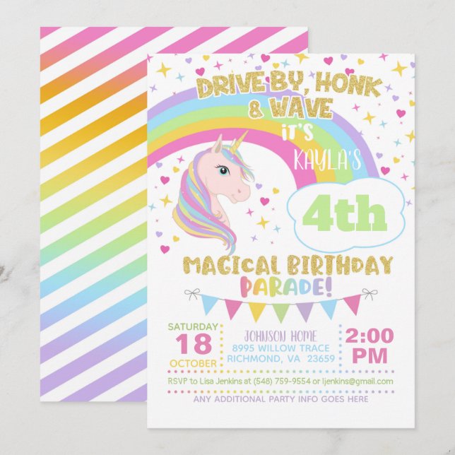 Inbjudan till Unicorn Birthday Parad (Fram/baksida)