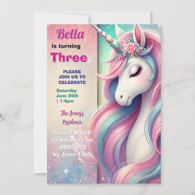 Inbjudan till Unicorn Birthday Pastel Rainbow Part (Framsida)