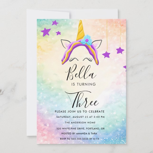 Inbjudan till Unicorn Birthday Pastel Rainbow Part (Framsida)
