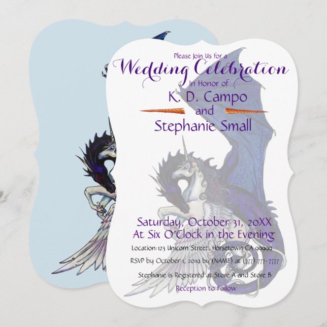 Inbjudan till Unicorn Bröllop Firande Dragon Red (Fram/baksida)