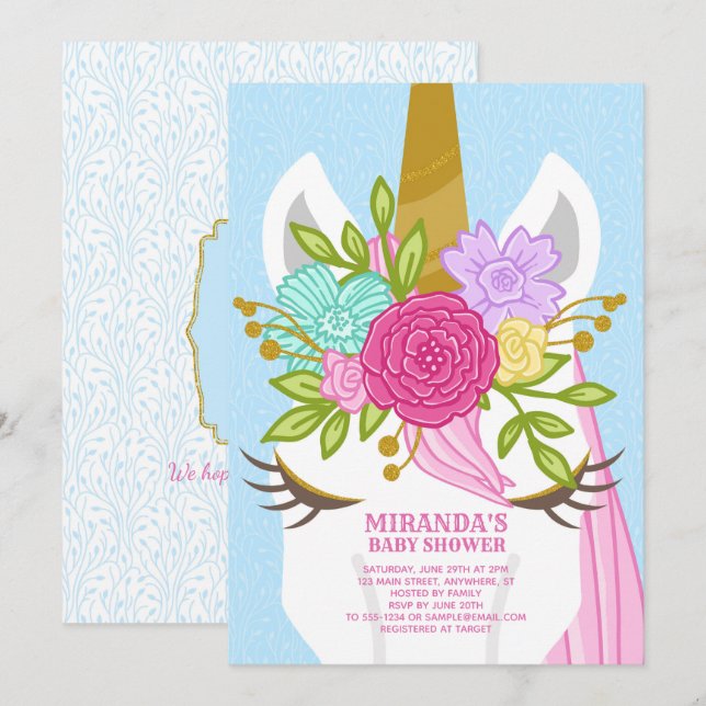 Inbjudan till Unicorn Close-Up Baby Shower (Fram/baksida)