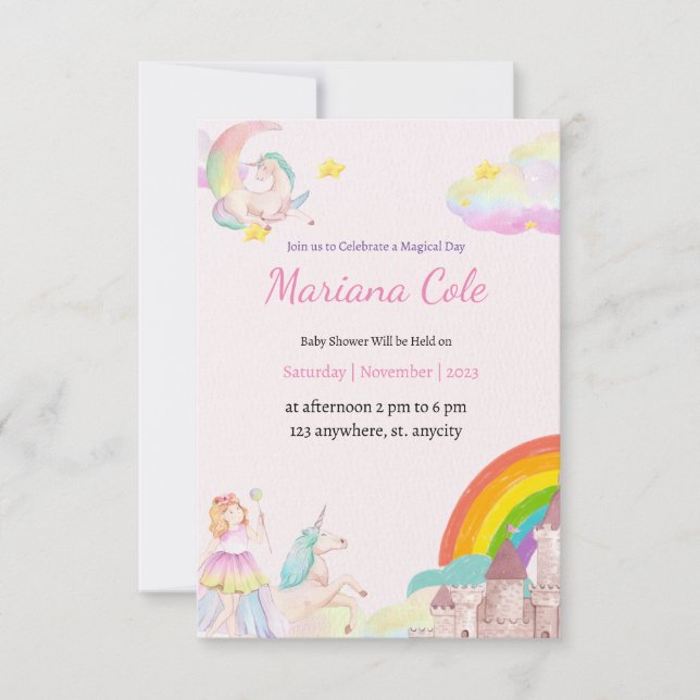 Inbjudan till Unicorn Fairy Flicka Baby Shower (Framsida)