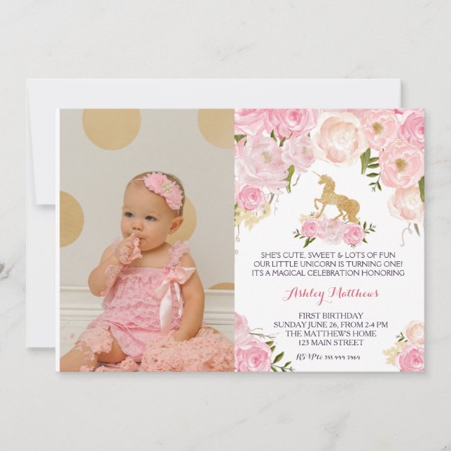 Inbjudan till Unicorn-födelsedag, FÖRST-Blommigt. (Framsida)