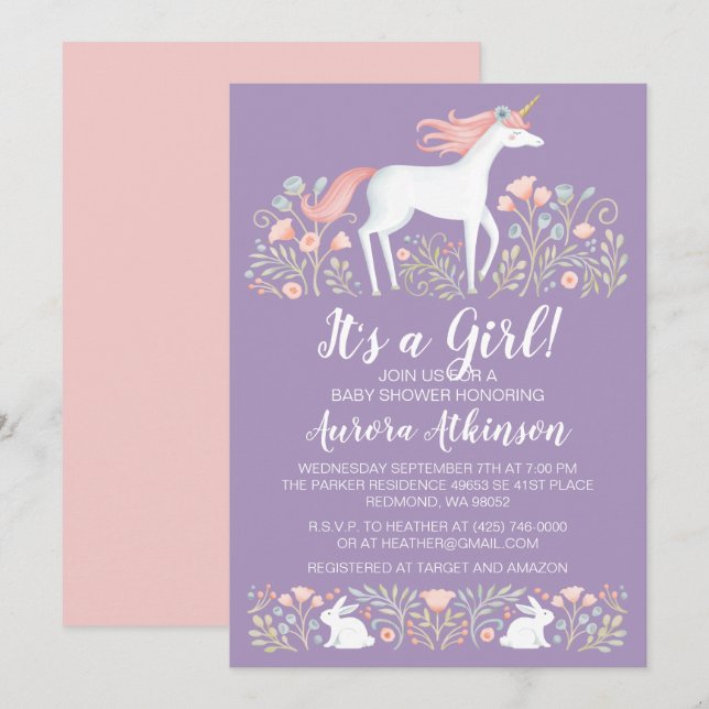 Inbjudan till Unicorn Girl Shower (Fram/baksida)
