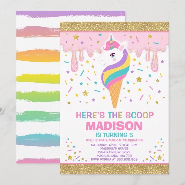 Inbjudan till Unicorn Ice Cream Magic Ice Cream Pa (Fram/baksida)