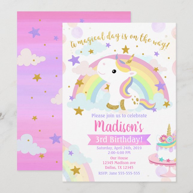Inbjudan till Unicorn Magic Birthday (Fram/baksida)