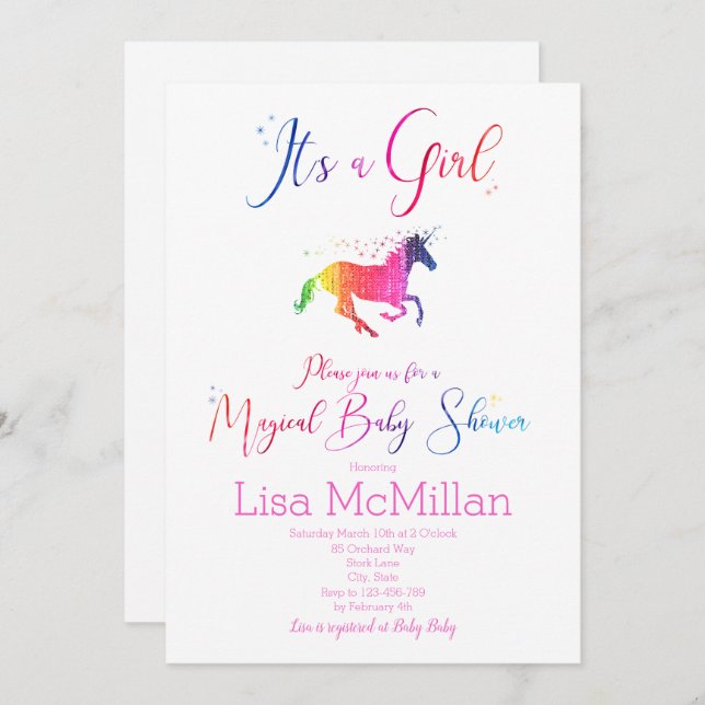 Inbjudan till Unicorn Magic Rainbow Baby Shower (Fram/baksida)