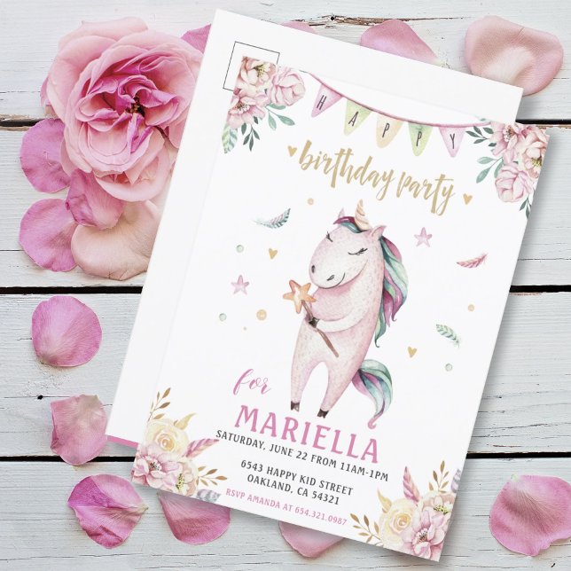 Inbjudan till Unicorn Magic Rosa Blommigt Födelsed (CUTE GIRLY PINK UNICORN GIRLS BIRTHDAY PARTY INVITATION POSTCARD
)