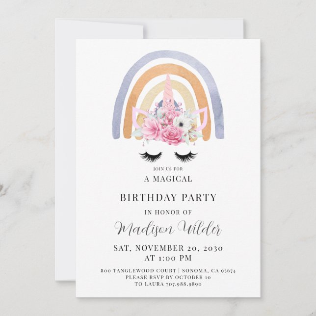 Inbjudan till Unicorn och Rainbow Barn Birthday (Framsida)