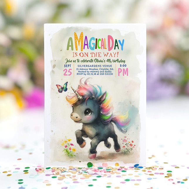 Inbjudan till Unicorn Party Magic Birthday (Black Unicorn Birthday Invitations)