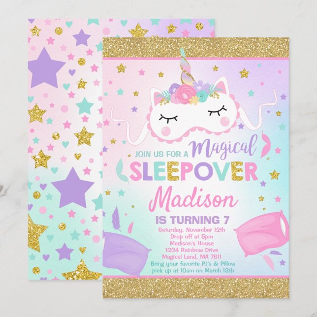 Inbjudan till Unicorn Sleepover Party Slumber Part (Fram/baksida)