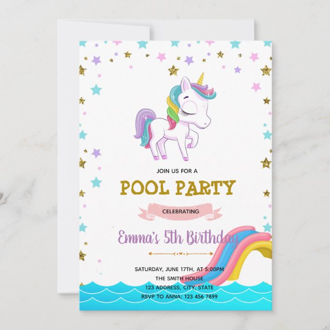 Inbjudan till Unicorn vattendiabild bassäng (Framsida)