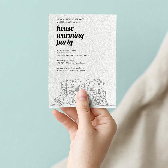Inbjudan till uppvärmningspartiet (Modern housewarming invitation with bold script and home sketch.)