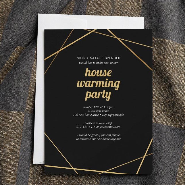 Inbjudan till uppvärmningspartiet för Geometric gu (Geometric gold House warming party invitation.)