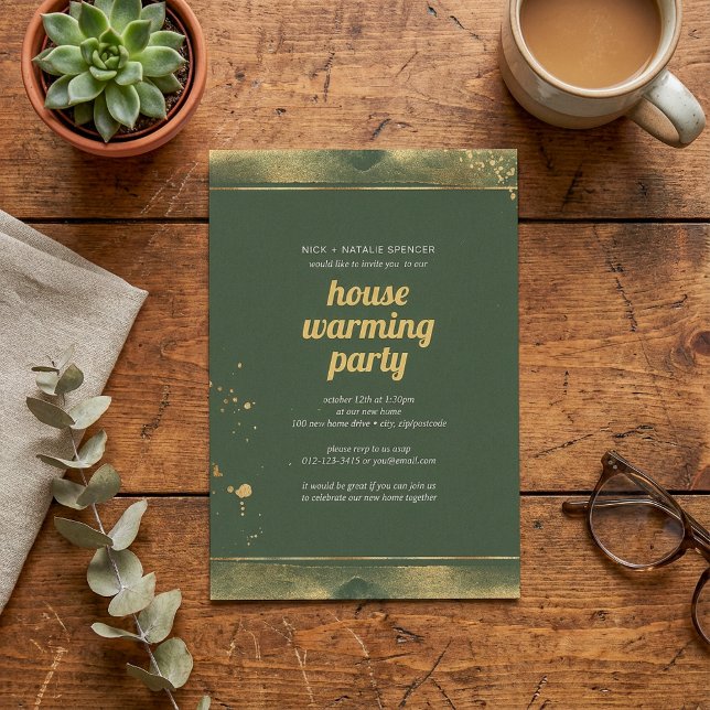 Inbjudan till uppvärmningspartiet grönt och guld l (Green and gold leaf House warming party invitation.)