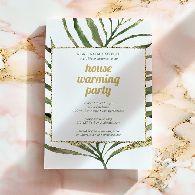 Inbjudan till uppvärmningspartiet handflatan löv (Golden and green palm leaf with "house warming party" written inside along with party details.)
