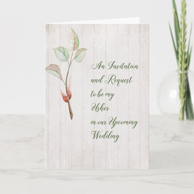 Inbjudan till Usher Card Faux Wood & Plant Sprig. (Framsida)