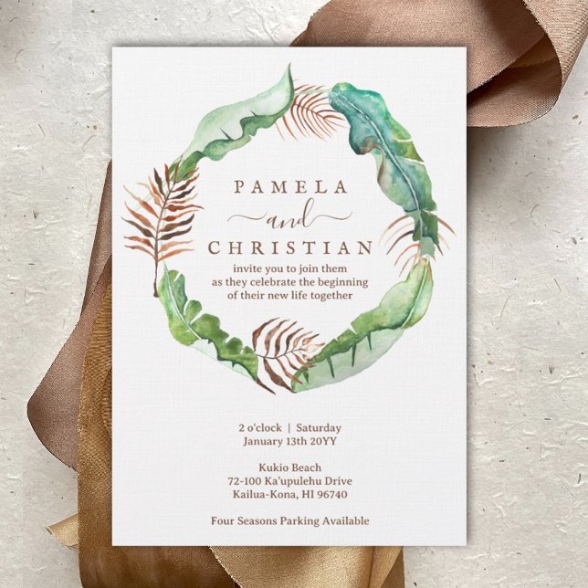Inbjudan till utandningsbröllop i Banana Löv (Lush Tropical Banana Leaves Wedding Invitation, Brown and Light Green Tropical Leaf Wreath)