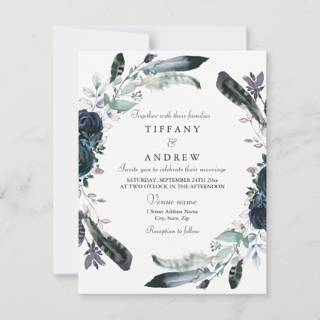 Inbjudan till utandningsbröllop med blå svart Blom (Framsida)