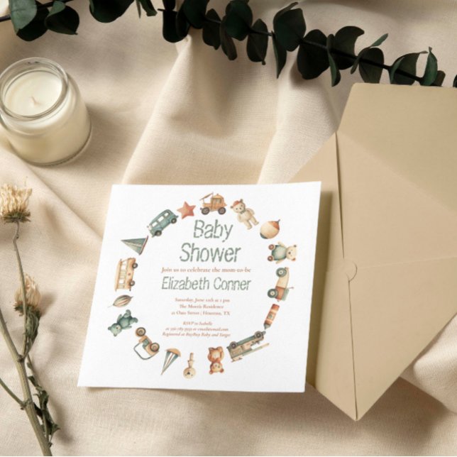 Inbjudan till utandningsprogrammet för spädbarn i  (Cute Toys Wreath Baby Boy Shower Invitation)