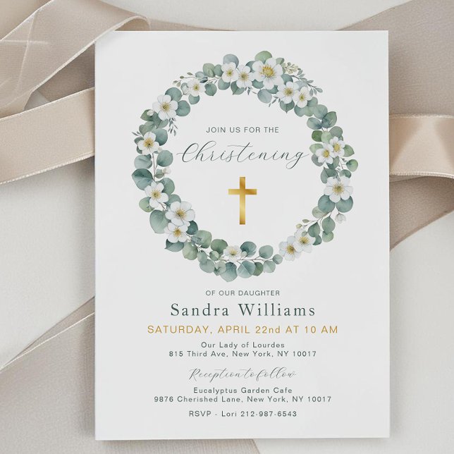 Inbjudan till Uucalyptus Blommigt för andningsskyd (Eucalyptus Floral Wreath Baptism Invite)