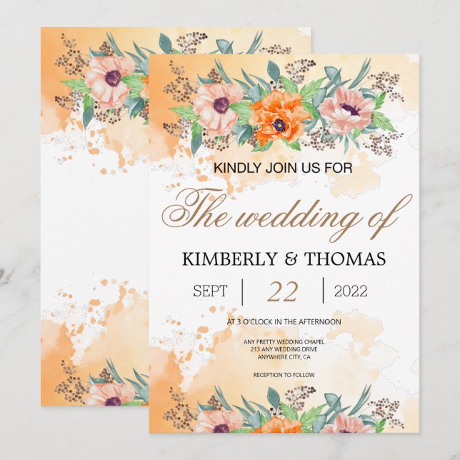 Inbjudan till vallmo Flowers Watercolor Wedding (Fram/baksida)