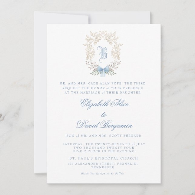 Inbjudan till vapensköld Blue Initial Wedding (Framsida)