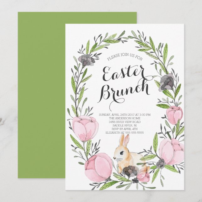 Inbjudan till Vår Blommigt Bunny Påsk (Fram/baksida)