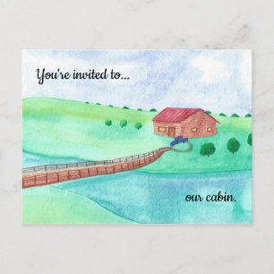 Inbjudan till vår hytt, Cabin by stream Postcards Vykort