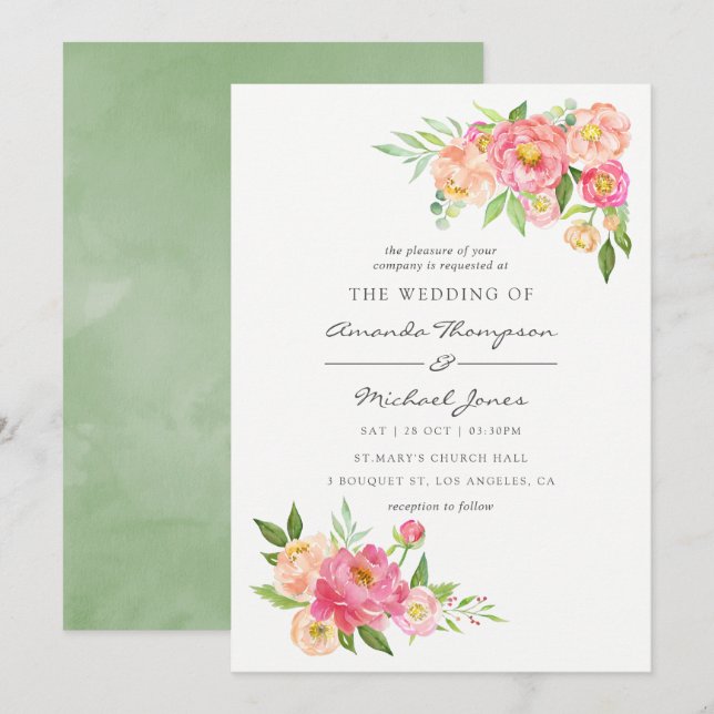 Inbjudan till Vår Watercolor Peonies Wedding (Fram/baksida)