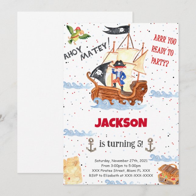 Inbjudan till vatten Färg Pirat (Fram/baksida)