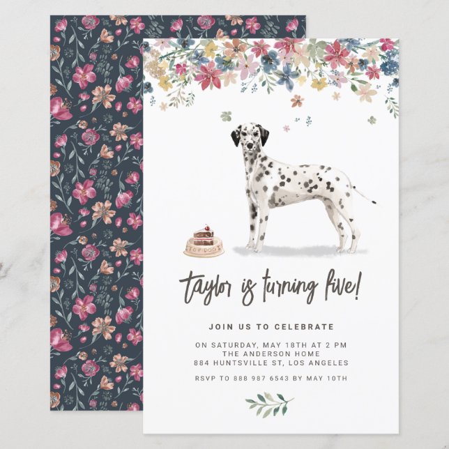 Inbjudan till vattenfärg Dalmatien Hund Birthday (Fram/baksida)