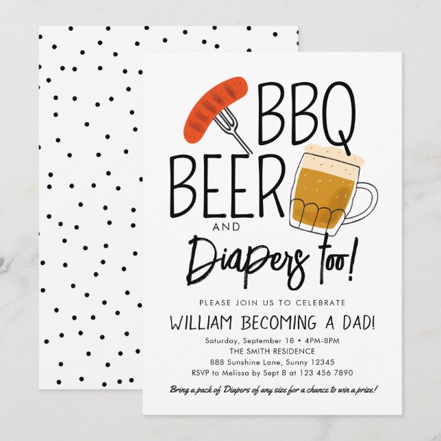Inbjudan till vattenfärg för BBQ- och Beer Baby Sh (Fram/baksida)