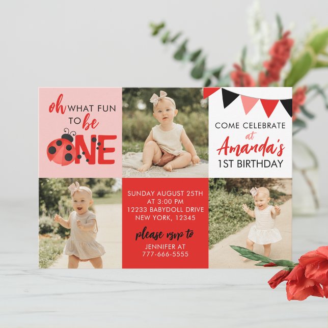 Inbjudan till vattenfärg Ladybug 3 Photo Birthday (Light Pink Salmon Oh What Fun to Be One Watercolor Ladybug 3 Photo Birthday Invitations)