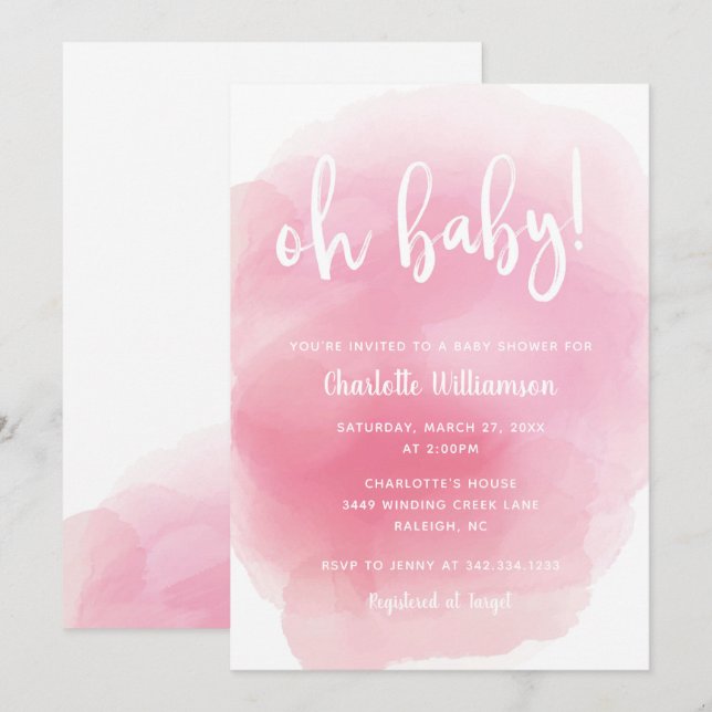 Inbjudan till vattenfärg Oh Baby Shower (Fram/baksida)