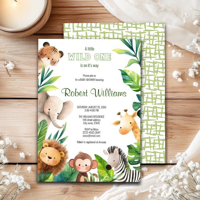 Inbjudan till vattenfärgduschning av Safari-djur (African safari-themed baby shower invitation! Featuring charming jungle animals 🌿🦒✨)