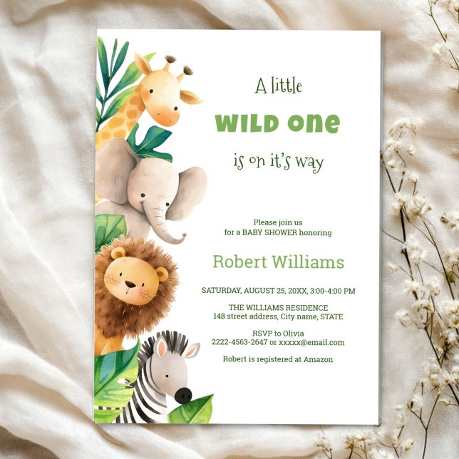 Inbjudan till vattenfärgduschning av Safari-djur (Safari wild one baby shower invitation )