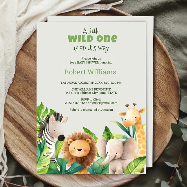 Inbjudan till vattenfärgduschning av Safari-djur (Safari wild one baby shower invitation )