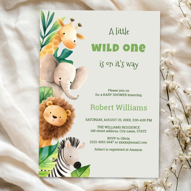 Inbjudan till vattenfärgduschning av Safari-djur (Safari wild one baby shower invitation )