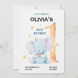 Inbjudan till vattenfärgen Elephant First Birthday