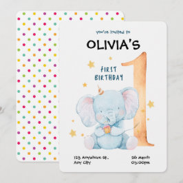 Inbjudan till vattenfärgen Elephant First Birthday