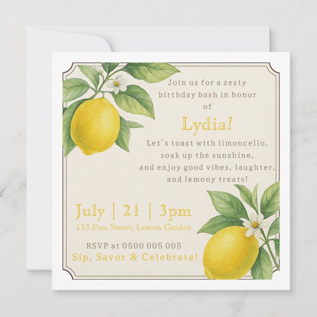 Inbjudan till vattenfärgen Lemon Birthday (Framsida)