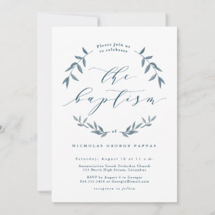 Inbjudan till vattenfärgen löv blue baptism