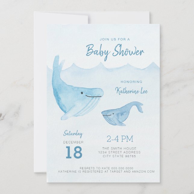 Inbjudan till vattenfärgen Whale Ocean Baby Shower (Framsida)
