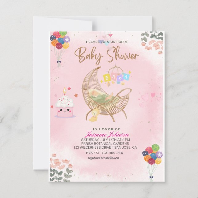 Inbjudan till vattenfärgsbabyskor: Cradle & Balloo (Framsida)
