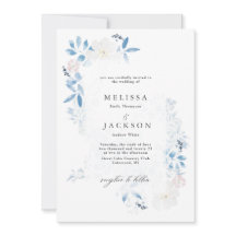 Inbjudan till vattenfärgsblått och vitt blommor