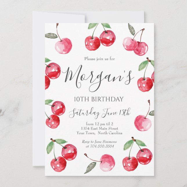 Inbjudan till vattenfärgsBow Cherry Birthday (Framsida)