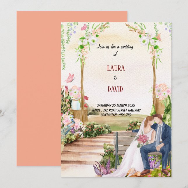 inbjudan till vattenfärgsbröllop (Fram/baksida)