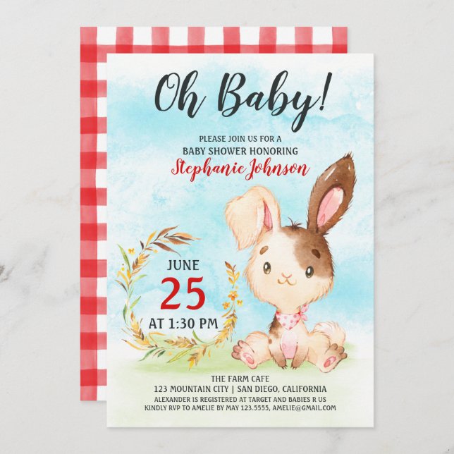 Inbjudan till vattenfärgsBunny Baby Shower-serverg (Fram/baksida)