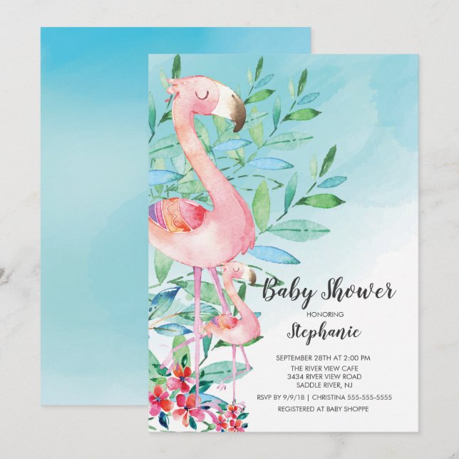 Inbjudan till vattenfärgsflamingo Baby Shower (Fram/baksida)